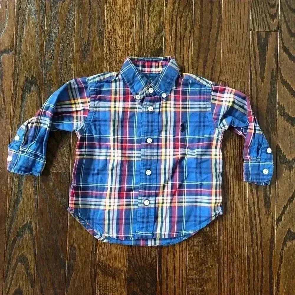 Ralph Lauren Boys 12M Blue/Red/Yellow Plaid Button-Down Oxford Shirt - EUC!